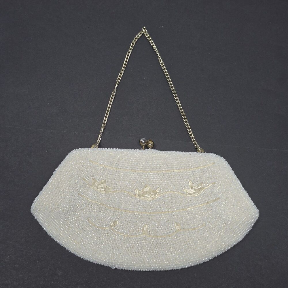 Vintage 50s Hand beaded Cream Off White Formal Wedding Purse Bag Cocktail Japan